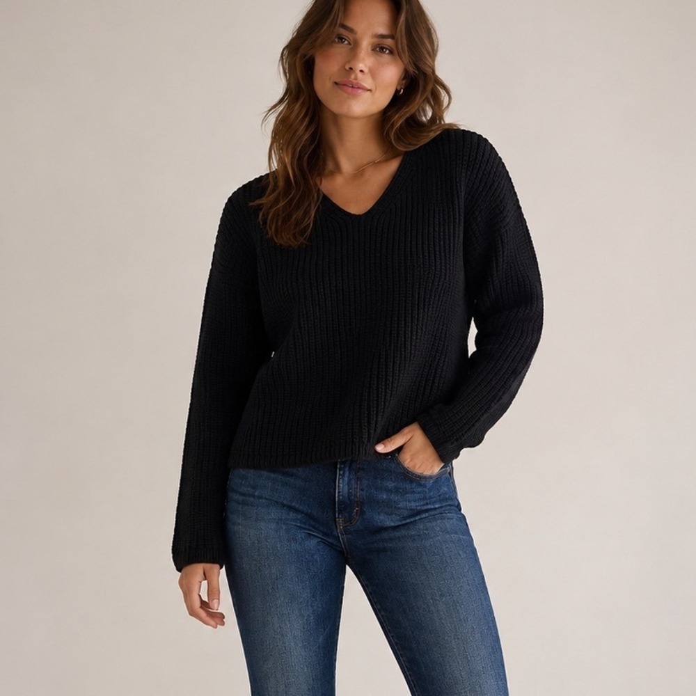 Jenni Kayne black Organic Cotton Shaker V-Neck Sweater XS